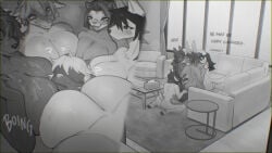 16:9 anthro big_breasts biped blush bodily_fluids bovid breast_squish breasts canid canine caprine clothed clothing cloven_hooves detailed_background dialogue english_text fellatio female furniture genitals group group_sex hair hi_res hooves huge_breasts hush_(demivo) iliya_(jigrasmut) inside kneeling lagomorph leporid male male/female mammal nude oral penile penis ponytail question_mark rabbit sex sincrescent sitting sofa squish sweat text widescreen zock