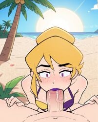 ai_generated beach bikini fellatio gameoverse hair_bun hetero miss_information_(gameoverse) pov wide_hips