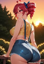 1girl 2026 ahoge ai_generated anime ass ass_focus bangs bare_shoulders blue_bow blue_shorts blush boobs bow breasts buttocks cleavage closed_mouth covered_nipples crop_top crossover cutoffs denim denim_shorts drill_hair earrings female female_focus flushed from_behind hair_bow highres huge_breasts jewelry kasane_teto large_breasts nail_polish neutral_expression nsfw orange_sky outdoors patreon patreon_username railing red_eyes red_hair rognezart shirt short_hair short_shorts shorts sky smile smiling solo sunset suspenders tank_top thick_thighs thighs tree twin_drills vocaloid web_address yellow_shirt