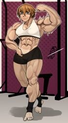 commission commission_art bushmannerino abs muscular_female posing posing_in_mirror muscular_arms muscular_legs sports_bra sportswear short_hair tomboy tanline tanlines thick_eyebrows thick_thighs