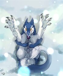 anus claws cum cum_on_face cum_on_feet cum_on_tail dragonasis edit male male_only paws presenting presenting_anus sergal signature snow solo tongue yellow_eyes