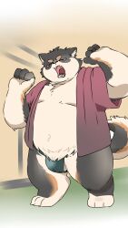 2026 anthro asian_clothing balls barely_visible_balls barely_visible_genitalia belly bodily_fluids canid canine canis clothing domestic_dog east_asian_clothing eyes_closed fundoshi genitals hi_res inunoshippo japanese_clothing kemono male mammal moobs navel open_mouth overweight overweight_male solo stretching tears underwear yawn