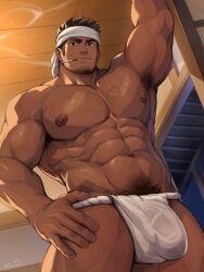 1boy abs armpit_hair armpits arms_up artist_name bandana bara beard beefy biceps big_areola big_bulge big_hands big_penis black_eyes broad_shoulders brown_hair bulge bulge_through_clothing ceiling chest_hair cigarette cigarette_in_mouth cigarette_smoke daddy dark_skin dilf excessive_pubic_hair flaccid fundoshi fundoshi_only gay genital_outline hand_on_leg hi_res hunk japanese_clothes japanese_house leg_hair looking_at_viewer low-angle_view male male_only manly mature_male muscles muscular muscular_arms muscular_male muscular_neck mustache_stubble navel night original original_character pecs penis pubic_hair rokushaku_fundoshi short_hair sideburns six_pack solo standing thick thick_arms thick_eyebrows thick_penis topless tough_guy translucent_clothing triceps white_fundoshi wooden_ceiling yaoi zifu
