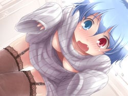 :o alternate_costume areola_slip areolae bangs bent_over black_legwear blue_eyes blue_hair blush breasts buckle cleavage_cutout collarbone cowboy_shot door dutch_angle embarrassed female fishnet_legwear fishnets flying_sweatdrops futatsuki_hisame garter_straps hanging_breasts heterochromia indoors kogasa_tatara lace lace-trimmed_thighhighs long_sleeves looking_at_viewer naked_sweater no_bra nose_blush open-chest_sweater open_mouth oversized_clothes patterned_legwear red_eyes ribbed_sweater short_hair sleeves_past_wrists solo sweater sweater_dress thigh_gap thighhighs touhou turtleneck zettai_ryouiki