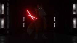 absurd_res anthro bandai_namco big_breasts blue_eyes breasts clothed clothing dark_room digimon digimon_(species) female female_only fur glowing glowing_eyes hi_res lightsaber melee_weapon red_lightsaber renamon solo star_wars topless warfare_renamon weapon white_body white_fur yellow_body yellow_fur zylgius