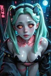1girl ai_generated android bikini black_bikini cityscape cleavage collar cracked_eyes cybernetic_eyes cyberpunk cyberpunk_2077 full_moon futuristic glowing_eyes glowing_pupils green_hair large_breasts leaning_forward long_hair looking_at_viewer mechanical_collar micro_bikini mint_hair neon_lights night open_jacket pale_skin patreon pink_accents rainy rebecca_(edgerunners) red_eyes sci-fi seductive_smile shiny_skin solo sweat twintails underboob upper_body wet wet_skin