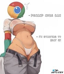 ai_generated artlicex breasts_out chrome chrome-tan google google_chrome humanization humanized juicy_pussy looking_at_viewer meme navel nipples panties shy vaginal_fluids white_background yellow_skin
