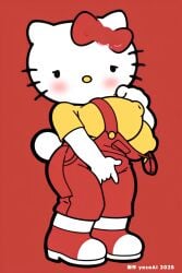 1girls ai_generated anthro big_breasts cat cat_girl chibi chibi_style chubby chubby_female female female_only furry furry_female hello_kitty hello_kitty_(character) hello_kitty_(series) huge_breasts looking_at_viewer nipple_bulge overalls plump sanrio shortstack solo wide_hips