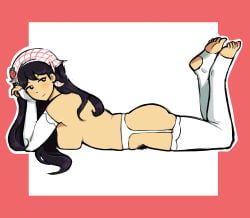 ass black_hair feet garter_belt garter_straps mari_(omori) mostly_nude omori seductive_look solo_female stockings tastesliketofu white_background white_stockings