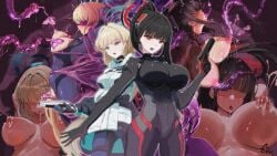 2girls black_hair blindfold blonde_hair blue_archive blue_eyes bodysuit bon_(pixiv84768737) breasts commentary_request gun halo handgun holding holding_gun holding_weapon huge_breasts lactation large_breasts long_hair looking_at_viewer medium_breasts multiple_girls multiple_views nipples open_mouth oral ponytail projectile_lactation pussy red_eyes restrained rio_(armed)_(blue_archive) rio_(blue_archive) short_hair slime_(substance) tentacle tentacle_sex tentacles toki_(armed)_(blue_archive) toki_(blue_archive) tongue tongue_out very_long_hair weapon