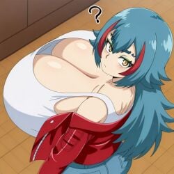 1girl ai_generated anime at bend beyblade beyblade_burst big blue breasts breasts_bigger_than_head crysnickel curvy denim eyes eyeshadow facing female focus front gigantic green hair ilya_mao indoors jacket leather long looking over red shirt shorts sidelocks solo stripe style view viewer waist white with yellow