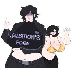 2girls clothed clothed_female black_hair red_eyes annoyed annoyed_expression middle_finger nail_polish gold_bikini black_pants darpunk commission oc original_character rule63