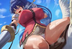 1girls ai_generated blue_eyes blue_hair cocky_smile fire_emblem fire_emblem:_the_sacred_stones large_breasts spear tagme tana_(fire_emblem) tharkica thick_thighs white_panties