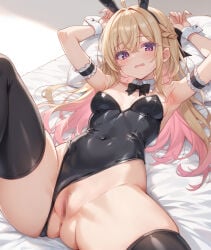 1girl animal_ear_hairband animal_ears armpits arms_up bare_shoulders black_leotard black_thighhighs blonde_hair blush bow bowtie braid breasts censored cleavage colored_inner_hair commentary covered_navel crossed_bangs detached_collar fake_animal_ears hair_between_eyes hairband half_up_braid highleg highleg_leotard highres leotard long_hair looking_at_viewer lying multicolored_hair on_back original pink_eyes pink_hair playboy_bunny pussy rabbit_ear_hairband rabbit_ears rikudou_inuhiko solo spread_legs strapless strapless_leotard thighhighs untranslatable_commentary white_wrist_cuffs wrist_cuffs