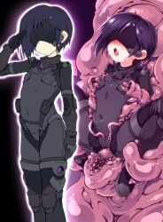 1girl black_bodysuit blindfold blush bodysuit commentary_request covered_navel drooling flat_chest flat_color highres knee_pads nipple_stimulation open_mouth original outline pouch purple_hair salute solo spread_legs tentacle_sex tentacles tomoshibi_hidekazu