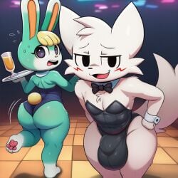 yasuhikonsfw animal_crossing boykisser_(meme) nintendo sasha_(animal_crossing) ai_generated domestic_cat felid feline felis lagomorph leporid mammal rabbit hi_res anthro balls big_balls big_bulge big_butt bowtie bulge bunny_costume butt checkered_floor clothing costume duo femboy genitals looking_at_viewer looking_back looking_back_at_viewer male nervous nervous_sweat nightclub panicking smug waiter wide_hips