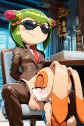 cosmo_the_seedrian cream_the_rabbit sonic_(series) sonic_the_hedgehog_(series) sonic_x ai_generated sunglasses suit_and_tie open_pants futanari blowjob oral_sex office_clothing office_setting