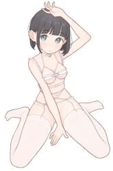 1girl 1girls almost_naked black_hair blue_eyes from_above girl high_angle issakawaguchi legs_apart looking_at_viewer looking_up looking_up_at_viewer navel no_panties oc original original_character short_hair sitting sitting_on_floor skimpy solo solo_female thick_thighs thighhighs thighs underboob underwear white_background