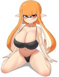 big_breasts black_bra inkling inkling_girl kaori_(splatoon) long_hair looking_at_viewer nobunagapero orange_eyes orange_hair peronattu plump_thighs pointy_ears sitting splatoon tentacle_hair