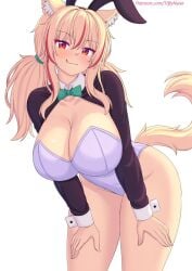 blonde_hair breasts bunnysuit cat_ears catgirl cleavage detached_sleeves fake_animal_ears female female_only large_breasts licking_lips nottytiffy red_eyes red_highlights tail thick_thighs thighs tiffy tiffynyaa twintails