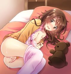 between_legs blush bra breasts brown_eyes brown_hair caught clothing female fingering hand_between_legs idolmaster idolmaster_cinderella_girls long_hair looking_at_viewer lying masturbation messy_hair nipple_tweak nipples on_side open_mouth pajamas pajamas_pull pussy pussy_juice serino_itsuki shimamura_uzuki solo