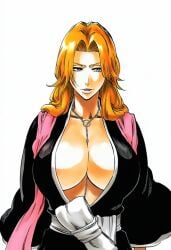 1girls accurate_art_style accurate_body_type ai_generated between_breasts big_breasts black_kimono bleach blue_eyes breasts busty cel_shading center_opening chain_necklace chains cleavage clothed clothing collarbone facing_viewer female female_focus female_only front_view hair_over_shoulder haori highres japanese_clothes jewelry kimono large_breasts light-skinned_female light_skin line_art long_hair looking_at_viewer manga_style matsumoto_rangiku mature_female mole mole_under_mouth necklace neutral_expression no_bra orange_hair parted_lips pink_scarf portrait sash scarf shawl shihakusho shinigami shiny_hair shiny_skin simple_background smile smirk solo solo_focus standing tite_kubo_style traditional_clothes upper_body wavy_hair white_background white_sash wide_sleeves