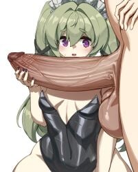 2futas balls big_penis blush blushing bottomless breasts bunnysuit clothed clothing corin_wickes ellen_joe faceless faceless_character faceless_futa fully_nude futanari green_hair hand_on_hip hands_on_hips headwear hips holding_penis hoyoverse huge_cock large_balls large_penis light-skinned_futa light_skin looking_at_partner looking_at_penis maid medium_breasts nnilaee nude_futa penis presenting_penis purple_eyes small_breasts standing twintails vein veins veiny_penis zenless_zone_zero