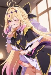 ahoge ai_generated air_intake_(hairstyle) balls black_dress black_ribbon blonde_hair blush cowboy_shot cure_arcana_shadow erection eyelashes finger_on_own_lip finger_to_mouth frilled_dress from_side futanari gerumusi grin hair_ornament half_up_braid indoors jewelry long_hair looking_at_viewer meitantei_precure! moria_luluka multicolored_hair necktie nsfw one_eye_closed precum precum_string purple_eyes room shushing sidelighting simple_background skirt_lift skirt_lifted_by_self standing testicles toothy_grin toothy_smile uncensored veil wrist_cuffs