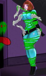 arms_behind_back bondage bound bound_ankles bound_arms bound_legs bound_wrists brown_hair chains danny_phantom disembodied_hand disembodied_hands female femsub fully_clothed gag gagged ghost gloves groping groping_ass groping_breasts laveellan madeline_fenton png shiny_clothes tight_clothing