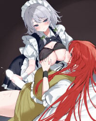 2girls absurdres apron black_bra black_skirt black_vest blank_censor blue_eyes blush bow bra bra_lift braid breast_sucking breasts breasts_out censored closed_mouth clothes_lift collared_shirt commentary cum ejaculation erection futa_with_female futanari grabbing_another's_breast green_bow green_skirt green_vest grey_hair groping hair_bow handjob highres hong_meiling izayoi_sakuya large_breasts long_hair maid maid_headdress missing_headwear multiple_girls neck_ribbon nipples nursing_handjob open_clothes open_vest penis puffy_short_sleeves puffy_sleeves red_hair ribbon sarukana shirt short_sleeves skirt touhou twin_braids underwear untranslatable_commentary very_long_hair vest waist_apron white_apron white_shirt