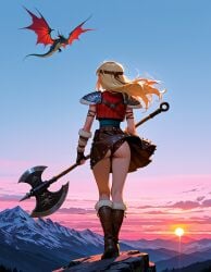 1girls ai_generated ass ass_focus astrid_hofferson axe battle_axe blonde blonde_female blonde_hair blonde_hair_female blue_eyes butt curvaceous curvaceous_body curves curvy curvy_body curvy_female curvy_figure dreamworks exposed_ass exposed_butt female female_only heroine hourglass_figure how_to_train_your_dragon how_to_train_your_dragon_2 light-skinned_female light_skin panties seductive seductive_pose skirt skirt_lift skirt_up solo solo_female underwear viking viking_female voluptuous voluptuous_female wind wind_lift woman