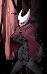 animal_humanoid anthro arachnid arachnid_humanoid arthropod arthropod_humanoid blush bodily_fluids breasts cape clothing feces feces_in_ass female female_only female_pooping forest forest_background genital_fluids hollow_knight_(franchise) hornet_(hollow_knight) humanoid kanaii plant pooping pooping_on_floor red_cape red_clothing solo sweat team_cherry thick_thighs tree