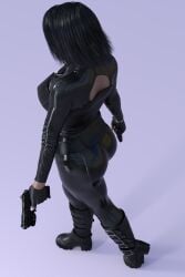 3d 3d_(artwork) absurd_res absurd_resolution ass ass_cleavage ass_focus assassin black_bodysuit black_catsuit black_hair_female bodysuit catsuit dual_wielding female female_assassin female_only high_resolution holding_guns holding_pistol lucy_selene original rkpcman sideboob simple_background walking_away