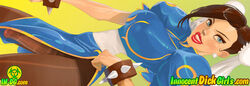 1futa big_penis blue_eyes bracelet breasts brown_hair chun-li clothed earrings english_text erection futa_only futanari human innocent_dickgirls intersex lipstick looking_at_viewer pantyhose penis red_lipstick solo standing street_fighter text