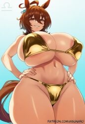 2d absurdres absurd_resolution absurd_res highres high_resolution high_quality hi_res patreon_username patreon watermark uncensured image 2026 ai_generated asunaro 1girl solo breasts looking_at_viewer smile short_hair brown_hair red_eyes navel animal_ears hair_between_eyes cleavage jewelry tail swimsuit ahoge thighs earrings bikini alternate_costume medium_hair huge_breasts gradient_background horse_ears thick_thighs horse_girl horse_tail areola_slip curvy alternate_breast_size single_earring hands_on_own_hips yellow_bikini gigantic_breasts gold_bikini agnes_tachyon_(umamusume) umamusume umamusume_pretty_derby