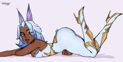 1girl ass blizzard_entertainment breast_press bunny_business_domina bunny_ears bunnysuit cosplay dark-skinned_female dark-skinned_futa dark_skin dickgirl domina flaccid fully_clothed futa futanari high_heels jeteggs large_ass large_breasts laying_down looking_at_viewer medium_penis on_stomach overwatch penis side_view solo thicc thick thick_ass thick_thighs vaira_singhania
