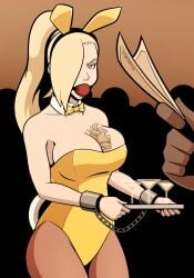 ball_gag blonde_hair bondage bound bound_wrists bunny_ears bunny_girl bunnysuit chains cleavage cuff_(restraint) female female_focus femsub gag gagged imightbemick metal_cuffs money money_between_breasts object_between_breasts png ponytail revealing_clothes serving_drink serving_tray strapless strapless_leotard tight_clothing waitress wrist_cuffs