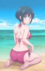 1girls botan_nagatsuki string_bikini red_bikini sitting facing_away butt side_boob medium_breasts looking_at_viewer looking_over_shoulder bare_back bare_legs bare_shoulders blue_eyes blushing blue_hair short_hair smiling