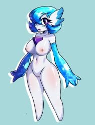 big_breasts blue_arms blue_hair blue_highlights breasts female female_only freckles gardevoir generation_3_pokemon generation_4_pokemon genitals hair hi_res highlights_(coloring) horn humanoid looking_at_viewer nintendo nipples pink_nipples pokemon pokemon_(species) purple_eyes thick_thighs vic88 vulva wave_(nickzilla) white_body