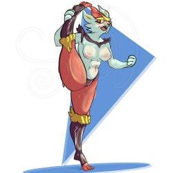 absurd_res anthro athletic big_breasts bodily_fluids breasts cinderace female generation_8_pokemon hi_res nintendo nude one_leg_up one_tooth pokemon pokemon_(species) raised_leg simple_background solo standing sweat sweatdrop watermark white_body