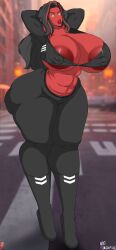 1girls areola_slip areolae ass big_ass big_breasts breasts fat_ass female female_only huge_breasts marvel massive_areolae massive_breasts muscular muscular_female nipple_bulge red_she-hulk red_skin solo ultiblackfire voluptuous voluptuous_female