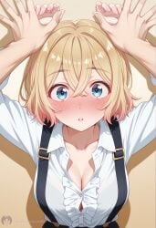 ai_generated blonde_hair blushing looking_at_viewer medium_breasts nanami_mami pinned_to_wall rent_a_girlfriend white_shirt