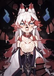 1girl 5boys absurdres animal_ears bar_censor blue_eyes bukkake censored clothes_down commentary_request cum cum_in_mouth cum_on_body cum_on_clothes cum_on_hair cum_on_tongue cumdrip cupping_hands erection facial fox_ears fox_girl fox_tail highres hitodama imibi_(zizi_niisan) japanese_clothes kimono long_hair looking_at_viewer multicolored_hair multiple_boys open_mouth original own_hands_together penis red_hair solo_focus surrounded_by_penises tail tongue two-tone_hair very_long_hair white_hair zizi_niisan