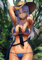 absurdres belt between_breasts bikini blue_bikini blue_hair breasts combat_knife erect_nipples female gun handgun hat highres holster inazuma kiba_mikoto knife long_hair lowleg lowleg_bikini nipples object_between_breasts open_mouth pistol satou_shouji straw_hat sweat swimsuit tagme triage_x weapon yellow_eyes