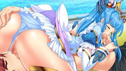 69 ass ass_grab blue_hair blush breast_press breasts censored character_request closed_eyes fellatio female game_cg highres kimidzuka_misaki large_breasts legs licking long_hair lying lying_on_person magical_kanan magical_kanan_2:_hiiro_no_bergamot on_stomach oral panties panties_aside penis pool pussy thighs tied_hair twintails underwear water yokota_mamoru