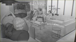 16:9 anthro balls being_watched biped bovid breasts canid canine caprine cellphone clothed clothing detailed_background dialogue electronics english_text female female_penetrated furniture genitals group hi_res holding_cellphone holding_object holding_phone hush_(demivo) inside looking_at_another male male/female male_penetrating mammal nude penetration penile penile_penetration penis phone rodent sex sincrescent sofa television text thick_thighs vaginal vaginal_penetration widescreen zock