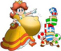 blue_eyes blue_eyes_female brunette brunette_female brunette_hair brunette_hair_female female female_only fetal_movement green_toad kicking_(pregnancy) mario_(series) nintendo orange_dress pregnant pregnant_belly pregnant_female presents princess_daisy red_toad royalty super_mario_bros. toad_(mario) yoshi1027