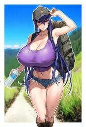 ai_generated akiyama_rinko armpits arms_up backpack clothed female female_only gigantic_breasts hike huge_breasts jean_shorts long_hair midriff narrow_waist nature navel nipple_bulge novelai outdoors purple_eyes purple_hair short_shorts sweating taimanin_(series) thick_thighs wide_hips