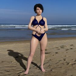 1girls 2017 3d 3d_(artwork) absurd_resolution alli_(allidee) allidee bare_shoulders barefoot beachside beautiful_woman belly bikini black_hair_female blue_bikini collarbone emotionless emotionless_female expressionless female_only femsub indifferent leaning_to_the_side lesbian mature_woman navel ocean ocean_background original self-insert short_hair_female source_request standing summer teal_eyes uncaring uncaring_female