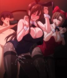 2girls anime_screenshot big_breasts breasts chair completely_nude female female_focus fujiwara_emi kyonyuu_ga_futariinai_to_bokkishinai_otto_no_tame_ni_tomodachi_o_tsuretekita_tsuma long_hair looking_at_viewer multiple_girls nude okumura_sae on_chair original screencap short_hair sitting t-rex_(animation_studio) tachibana_omina take_your_pick tomodachi_o_tsuretekita_tsuma bunnysuit bunny_ears bunny_girl bunny_costume strapless strapless_leotard sex sex_from_behind recording